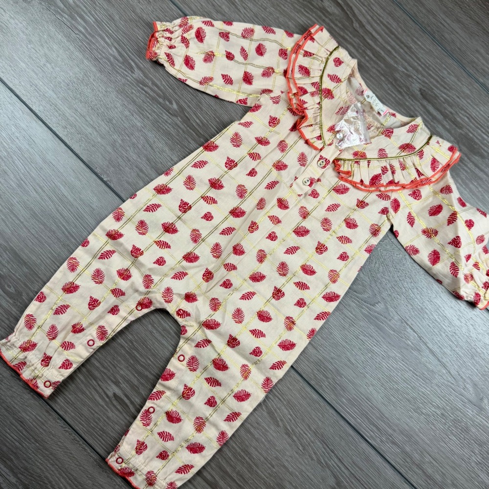 Egg New York Baby Girl Romper Ruffle Leaf Print Metallic Gold Pink 6MO